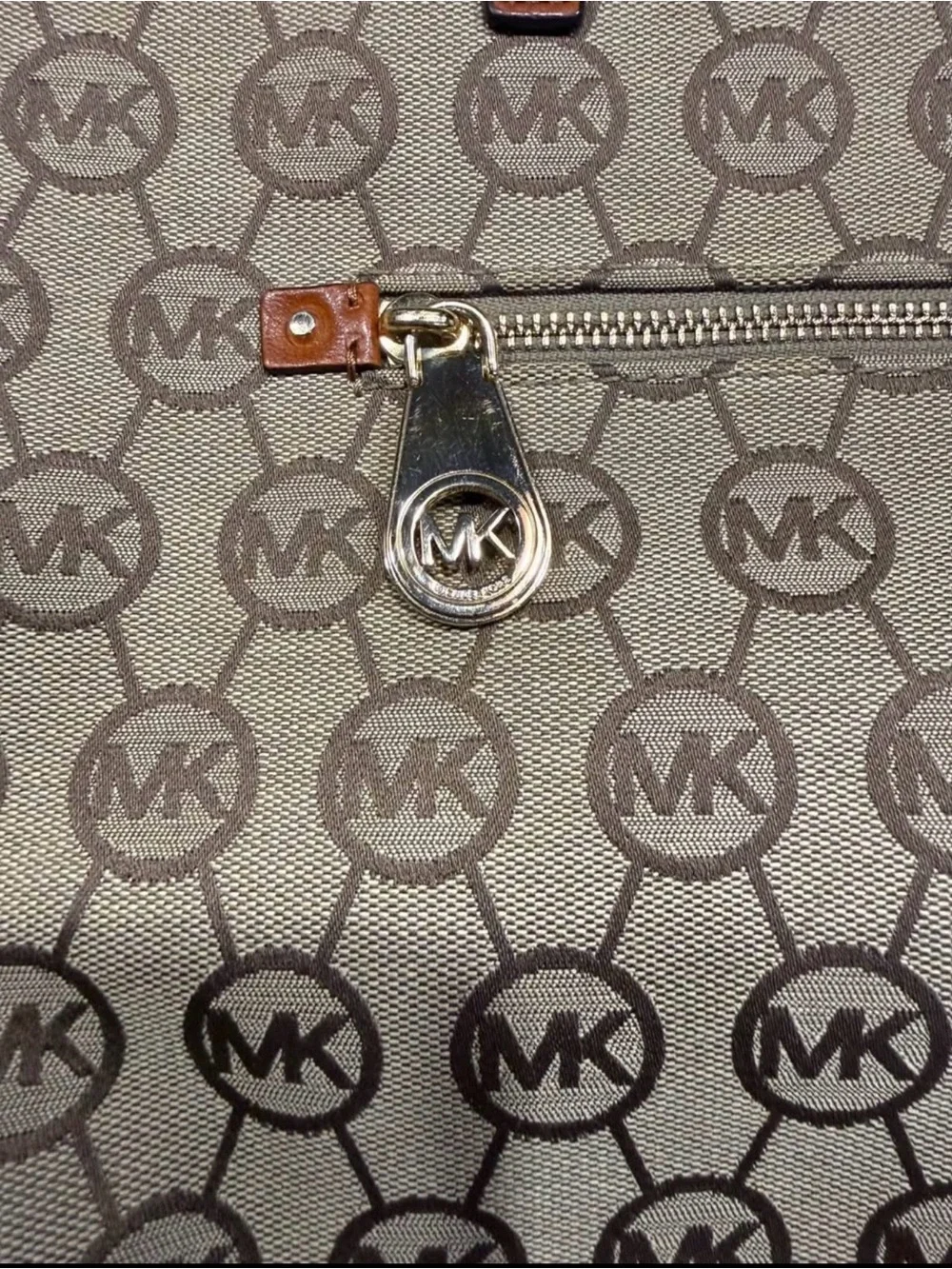 Michael Kors Beige Signature Tote with Tan Leather Handles